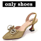 Women's Rhinestone Bow Side Italian Party Shoes And Bags Set