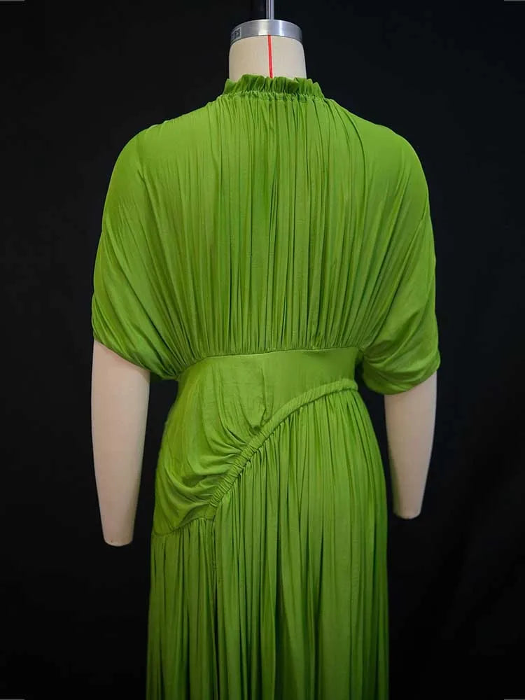 Elegant Olive Green Dress for Women Maxi Summer Dress Waist Draped Straight Type Pleated Party Dress Wholesale Dropshipping