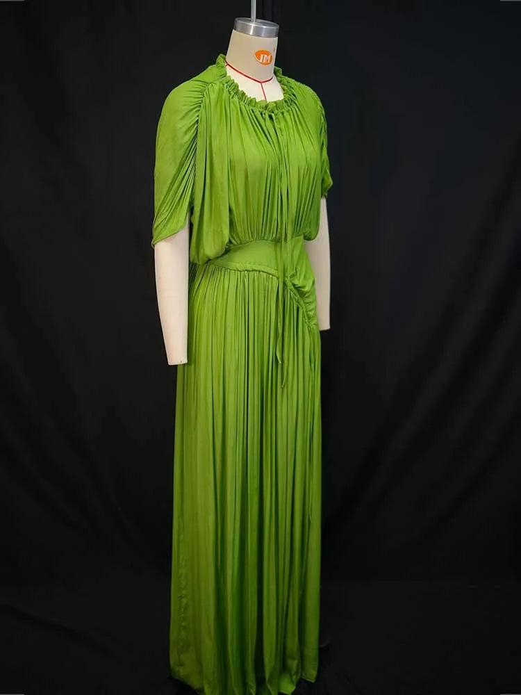 Elegant Olive Green Dress for Women Maxi Summer Dress Waist Draped Straight Type Pleated Party Dress Wholesale Dropshipping