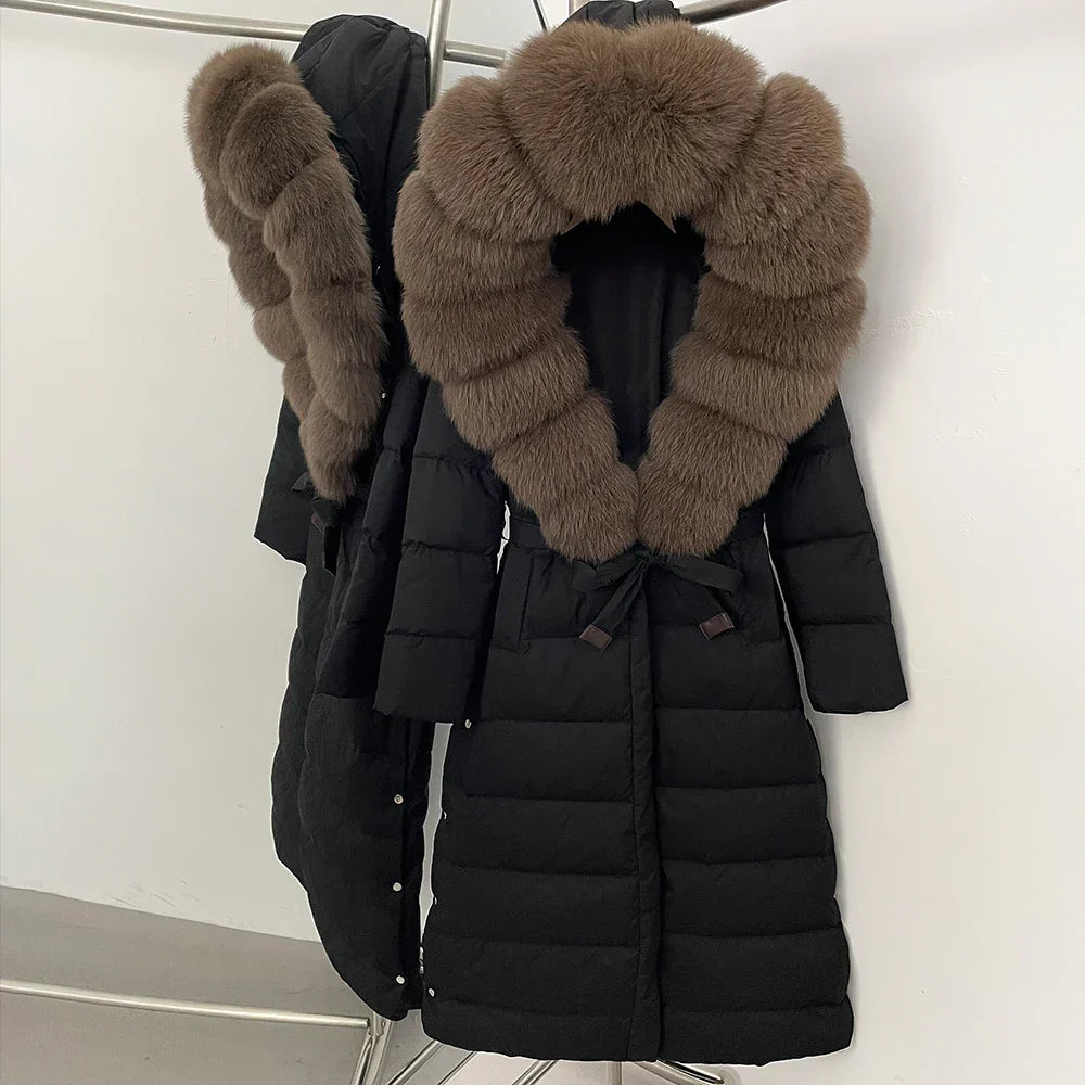 Real Faux Fur Collar Puffer Jacket Duck Down Thick Coat For Women