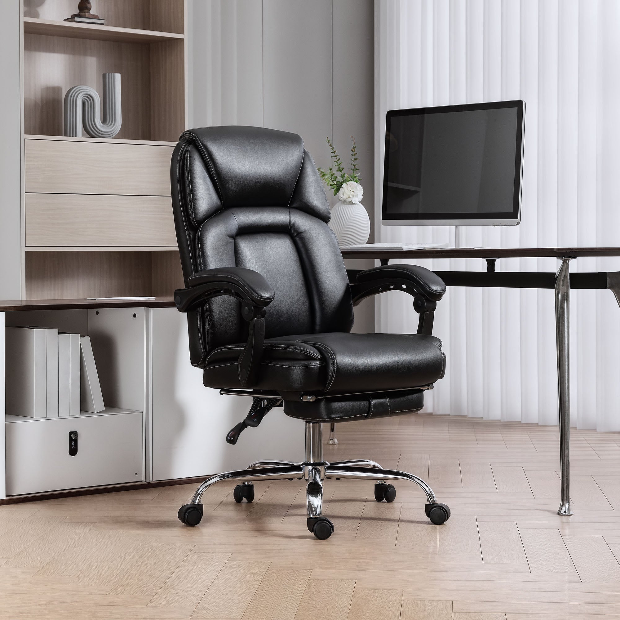 HOMCOM Faux Leather Reclining Office Chair, with Footrest - Black