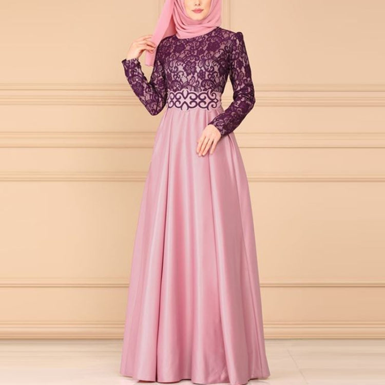 Lace Stitching Retro Large Swing Dress Ethnic Style Long-Sleeved Slim Dress, S, M, L, XL