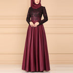 Lace Stitching Retro Large Swing Dress Ethnic Style Long-Sleeved Slim Dress, S, M, L, XL