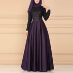 Lace Stitching Retro Large Swing Dress Ethnic Style Long-Sleeved Slim Dress, S, M, L, XL