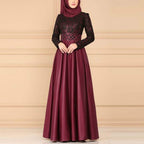 Lace Stitching Retro Large Swing Dress Ethnic Style Long-Sleeved Slim Dress, S, M, L, XL