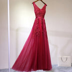 Sexy V-neck Evening Dress Robe Tulle Applique Evening Dresses, S, XXL, XXXL