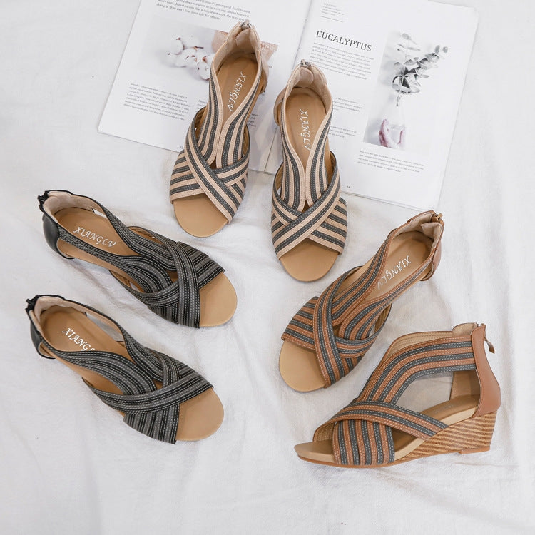 Women Summer Slope Heel Sandals Fashion Bohemian Style Fish Mouth Shoes, Size: 36(Apricot)
