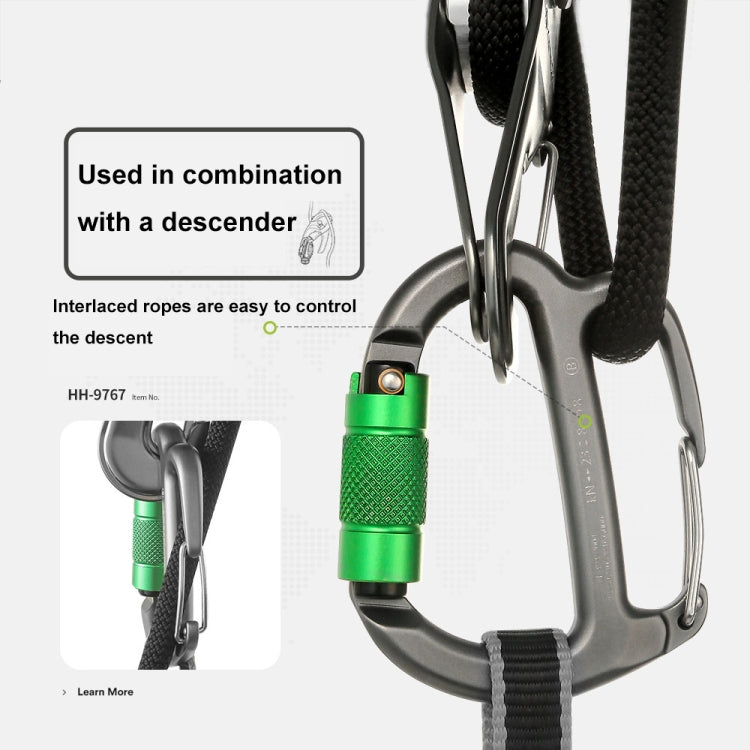 XINDA HH-9767 H-type Climbing Rappelling Friction Lock Descenders Safety Buckle Lock(Gray+Green Nut)
