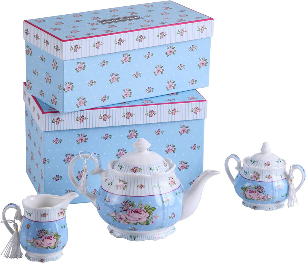 Gift For Mum/ Dad Coronation Family Party Set Special 3 Tier Cake Stand Teapot Milk Jug 2 Cups 2 Saucers (Blue Rose)