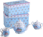 Gift For Mum/ Dad Coronation Family Party Set Special 3 Tier Cake Stand Teapot Milk Jug 2 Cups 2 Saucers (Blue Rose)