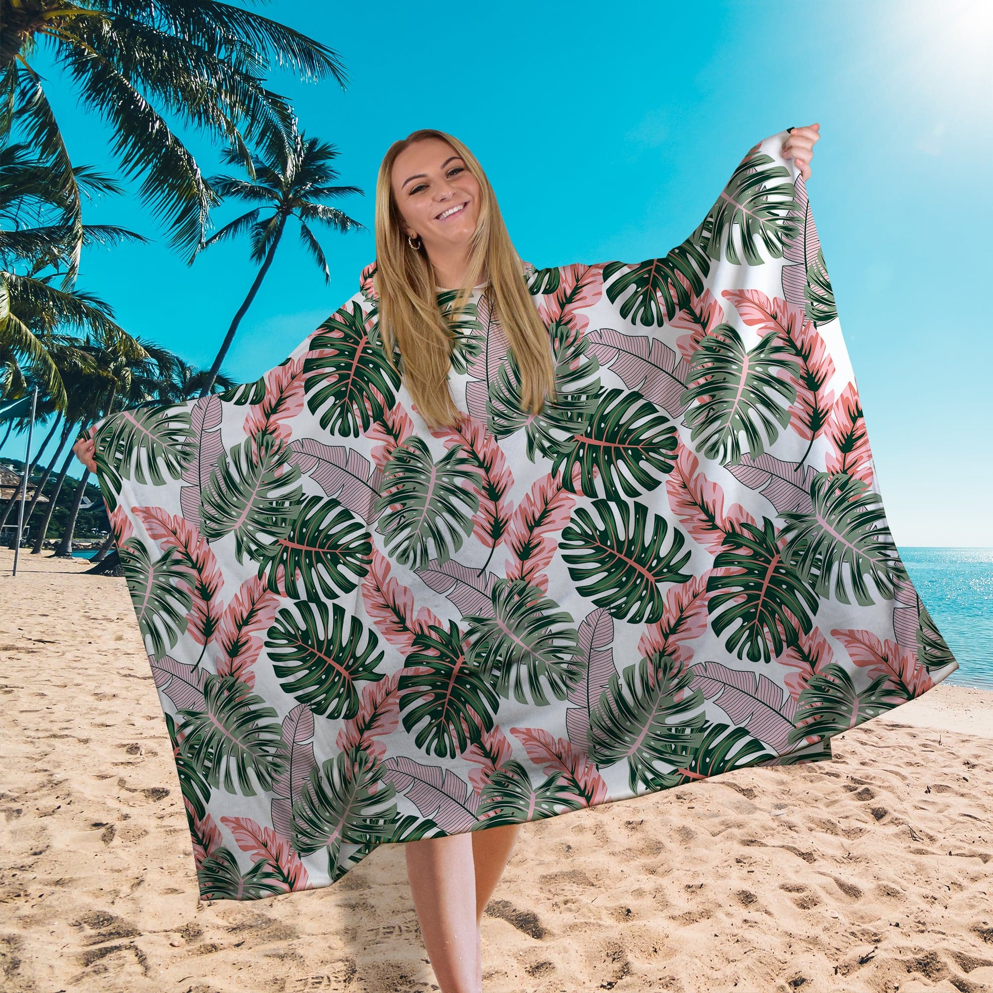 Hooded Towel - Lightweight, Microfibre - Tropical Leaves