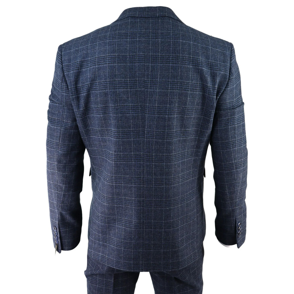 AK-13 - Men's Tweed 3 Piece Suit Blue Check 1920s Gatsby Blinders