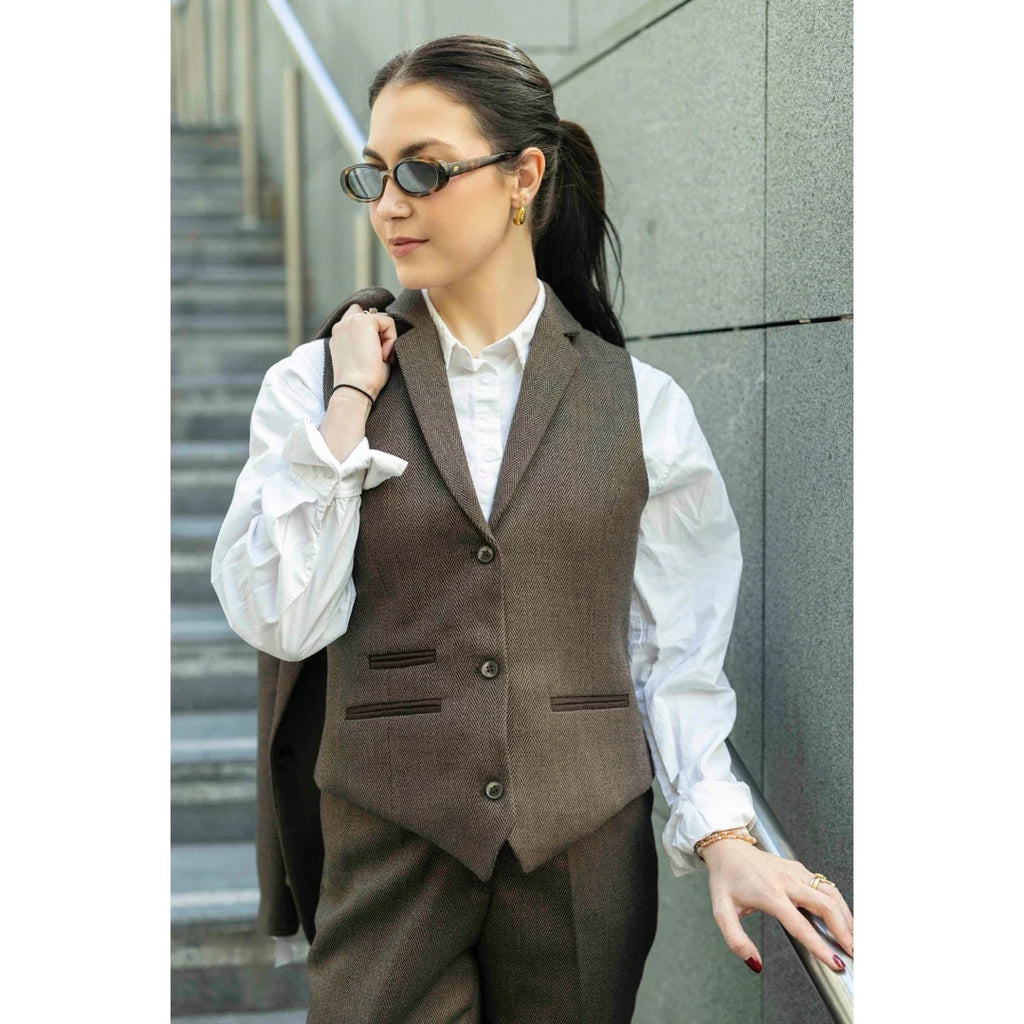 TPW-AK-06 - Women's Brown 3 Piece Herringbone Tweed Suit