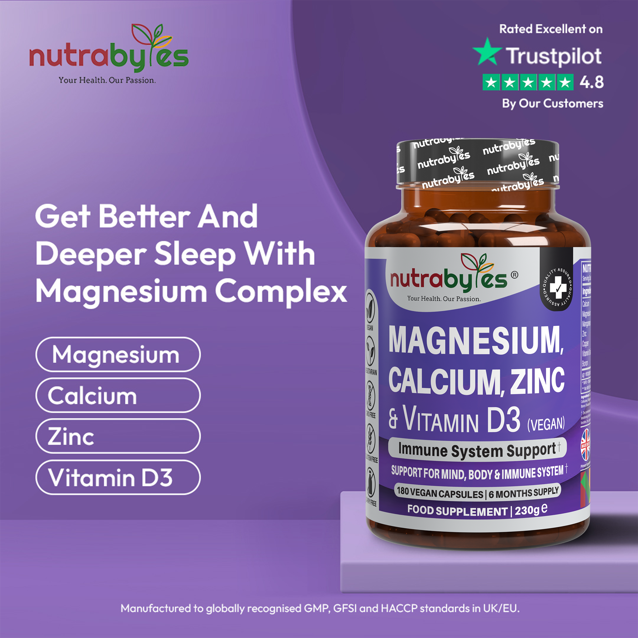 Magnesium, Calcium, Zinc & Vitamin D3 (Vegan D3) - Advanced Immunity Support, 6 Months Supply | Made in the UK
