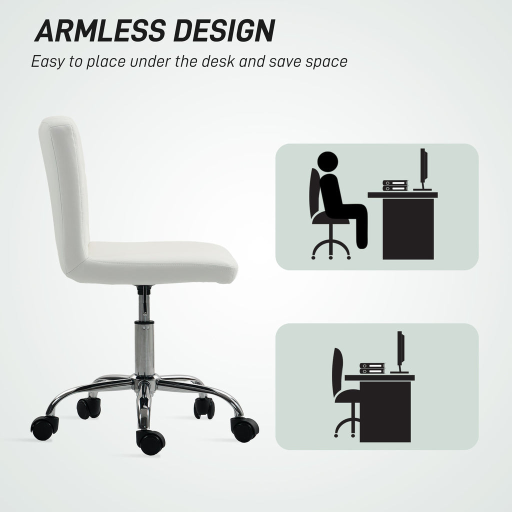 HOMCOM PU Leather Armless Office Chair, Modern Vanity Computer Swivel Chair with Rolling Wheels and Adjustable Height for Home Study, Bedroom, White
