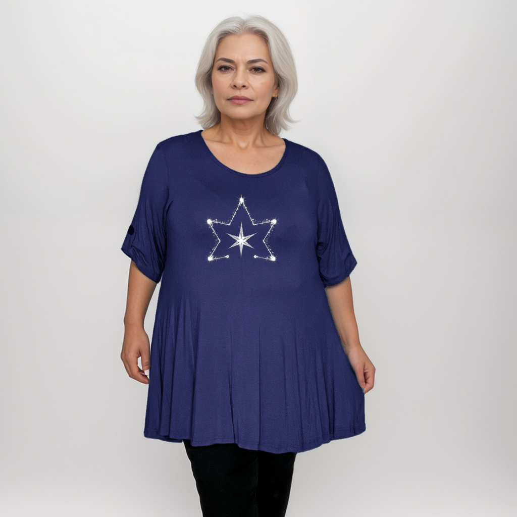 Double Star Plus-Size Button Sleeve Swing Top