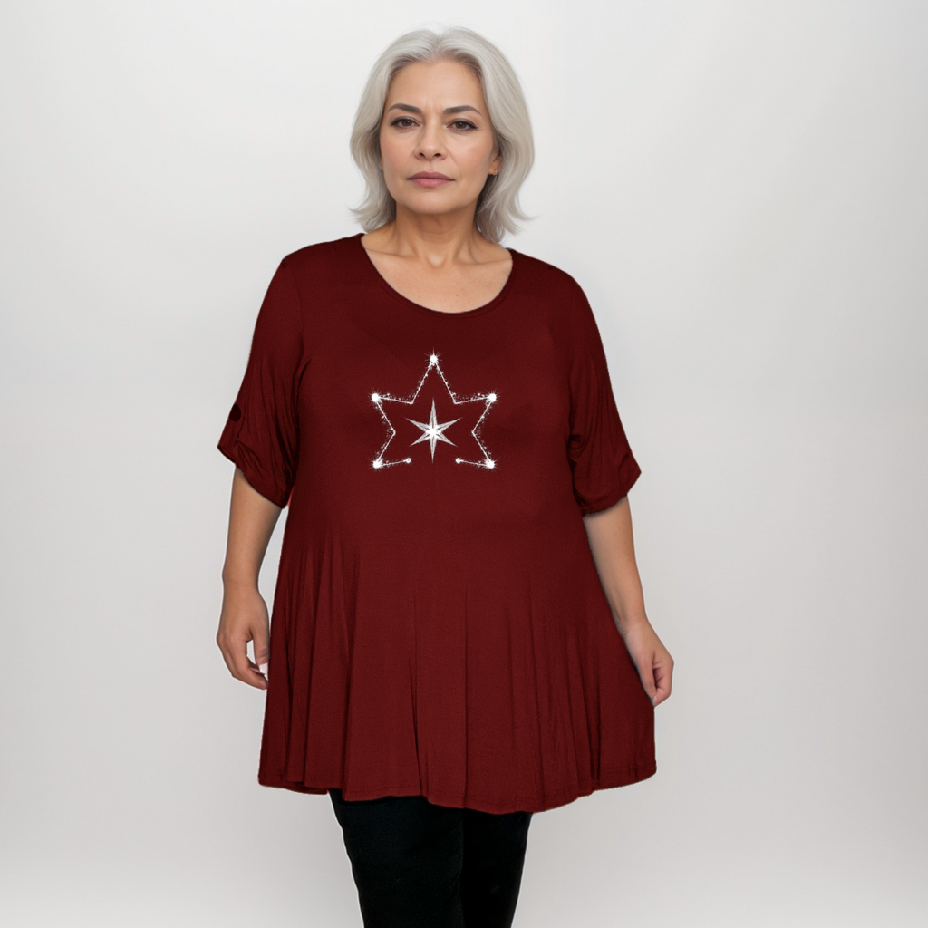 Double Star Plus-Size Button Sleeve Swing Top