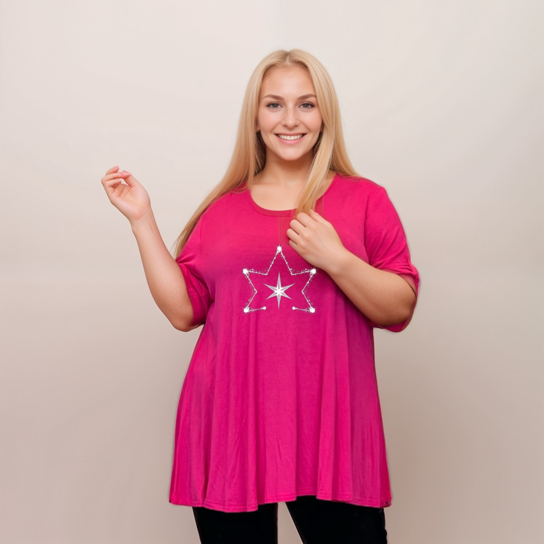 Double Star Plus-Size Button Sleeve Swing Top