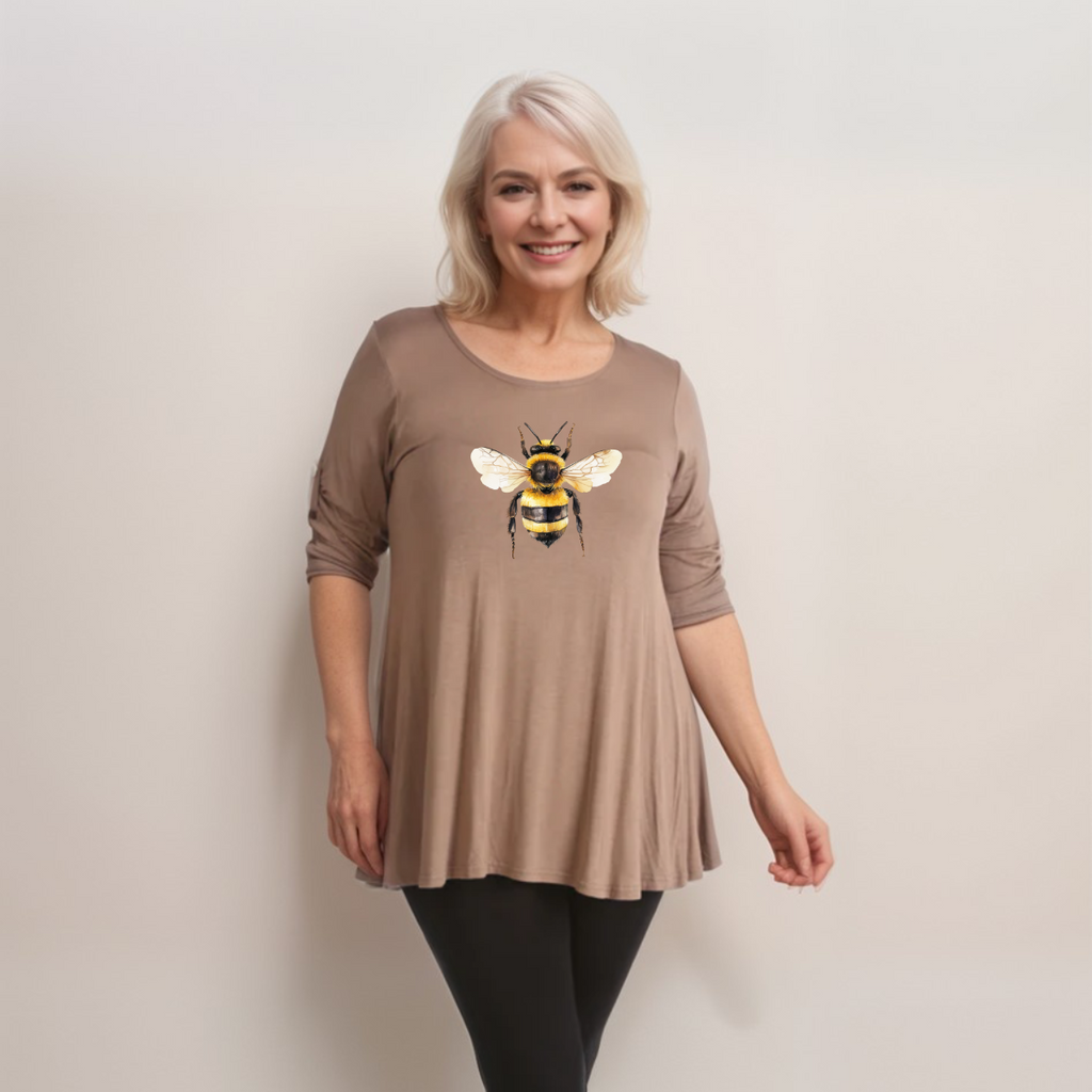 Plus‑Size Bee Print Swing Top with Button Half-Sleeves