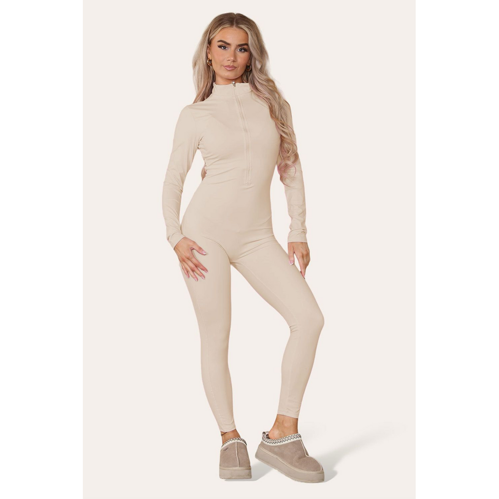 Ribbed High Neck Zipper Collar Jumpsuit Front Unitard Set