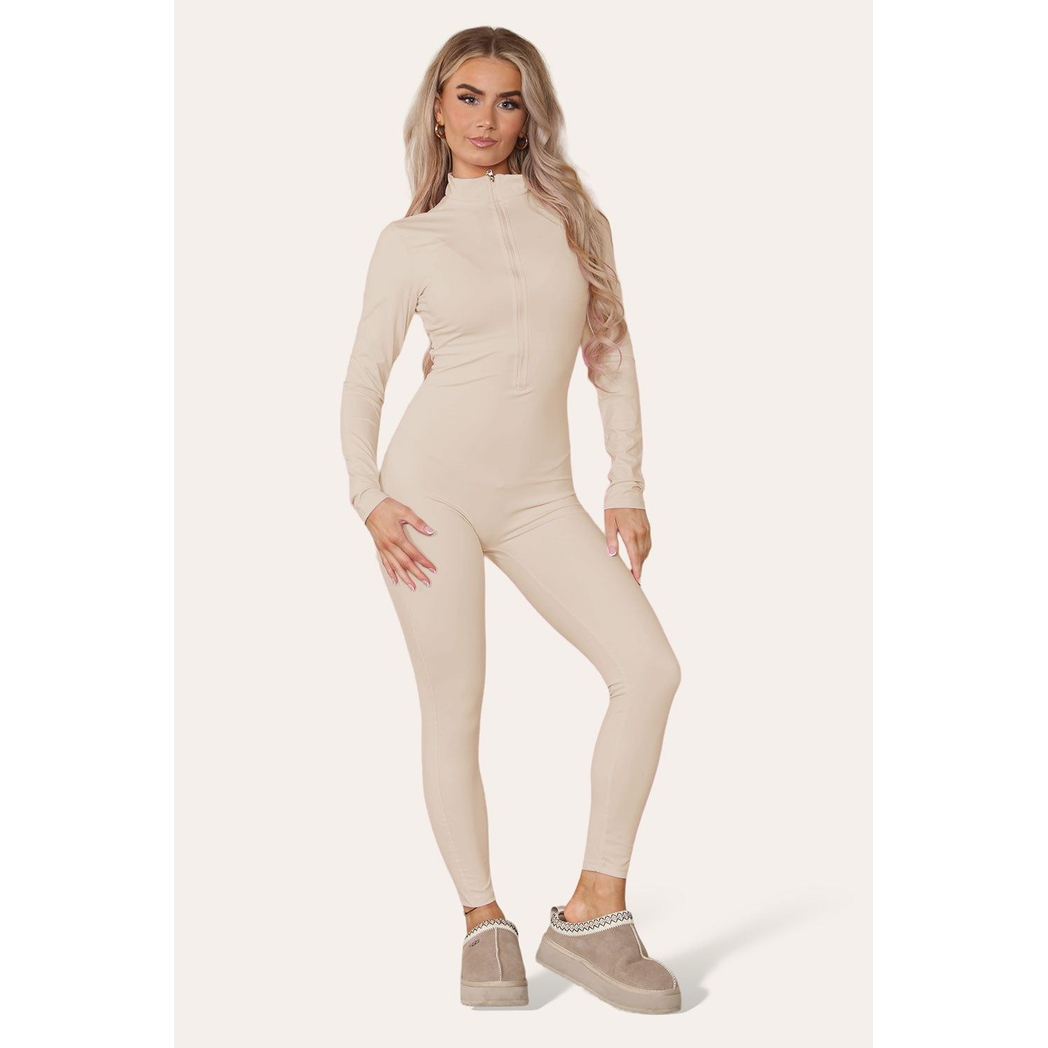 Ribbed High Neck Zipper Collar Jumpsuit Front Unitard Set