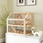 PawHut Wooden Hamster Cage with Detachable 31cm Deep Bottom, Hut, Seesaw, Exercise Wheel, Ramp, 80 x 50 x 76cm, Natural