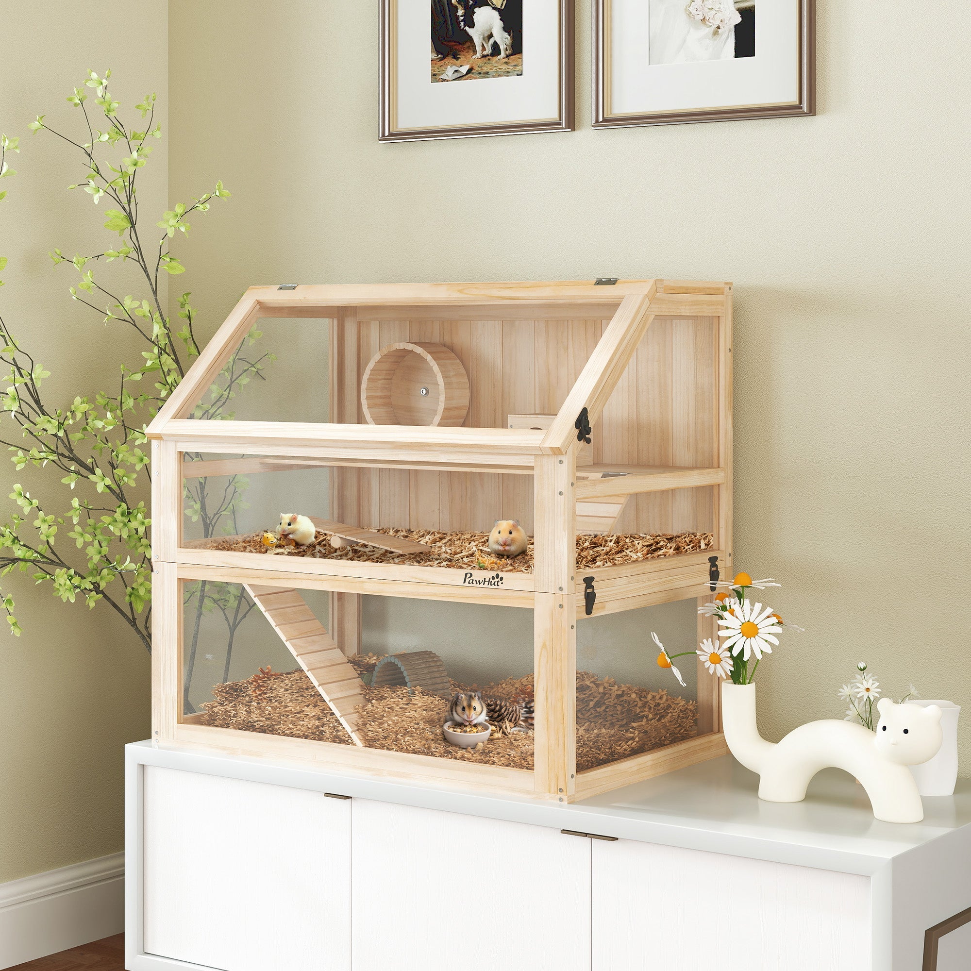 PawHut Wooden Hamster Cage with Detachable 31cm Deep Bottom, Hut, Seesaw, Exercise Wheel, Ramp, 80 x 50 x 76cm, Natural