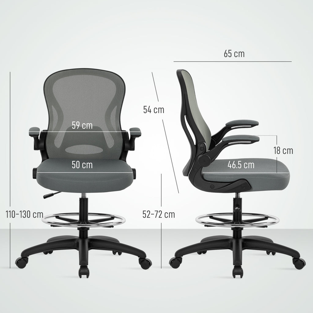 Vinsetto Drafting Chair, Ergonomic Tall Office Chair with Flip-up Armrests, Mesh Back, Lumbar Support, Adjustable Height and Foot Ring, Swivel Wheels, for Standing Desk, Charcoal Grey