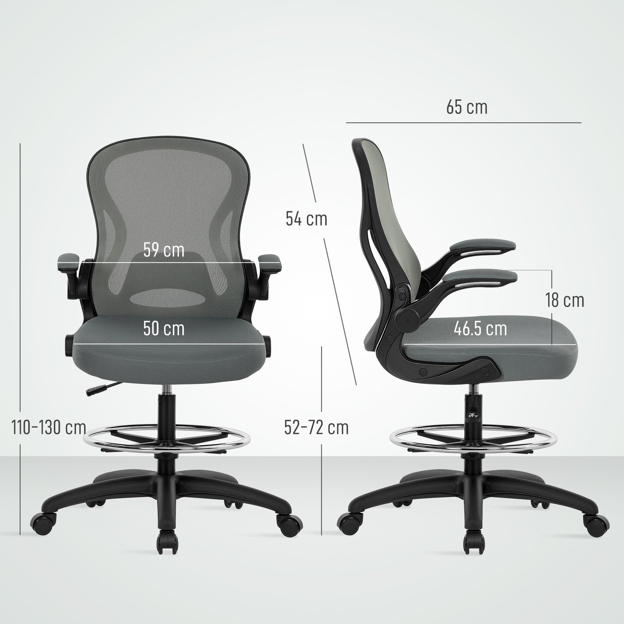 Vinsetto Drafting Chair, Ergonomic Tall Office Chair with Flip-up Armrests, Mesh Back, Lumbar Support, Adjustable Height and Foot Ring, Swivel Wheels, for Standing Desk, Charcoal Grey