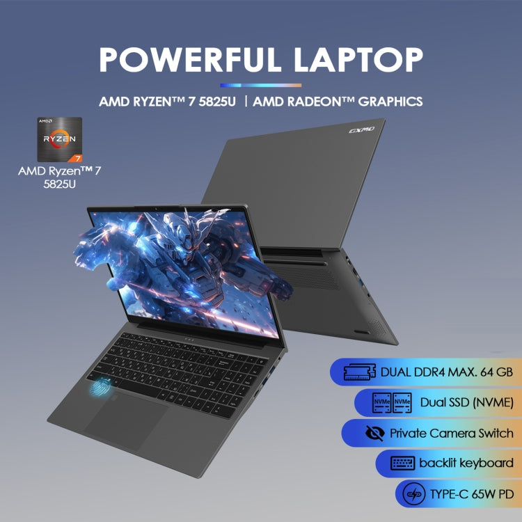 GXMO G156 15.6 inch Laptop, 16GB+512GB, Windows 11 AMD Ryzen 7 5825U Octa Core, Support Fingerprint Unlock, EU Plug