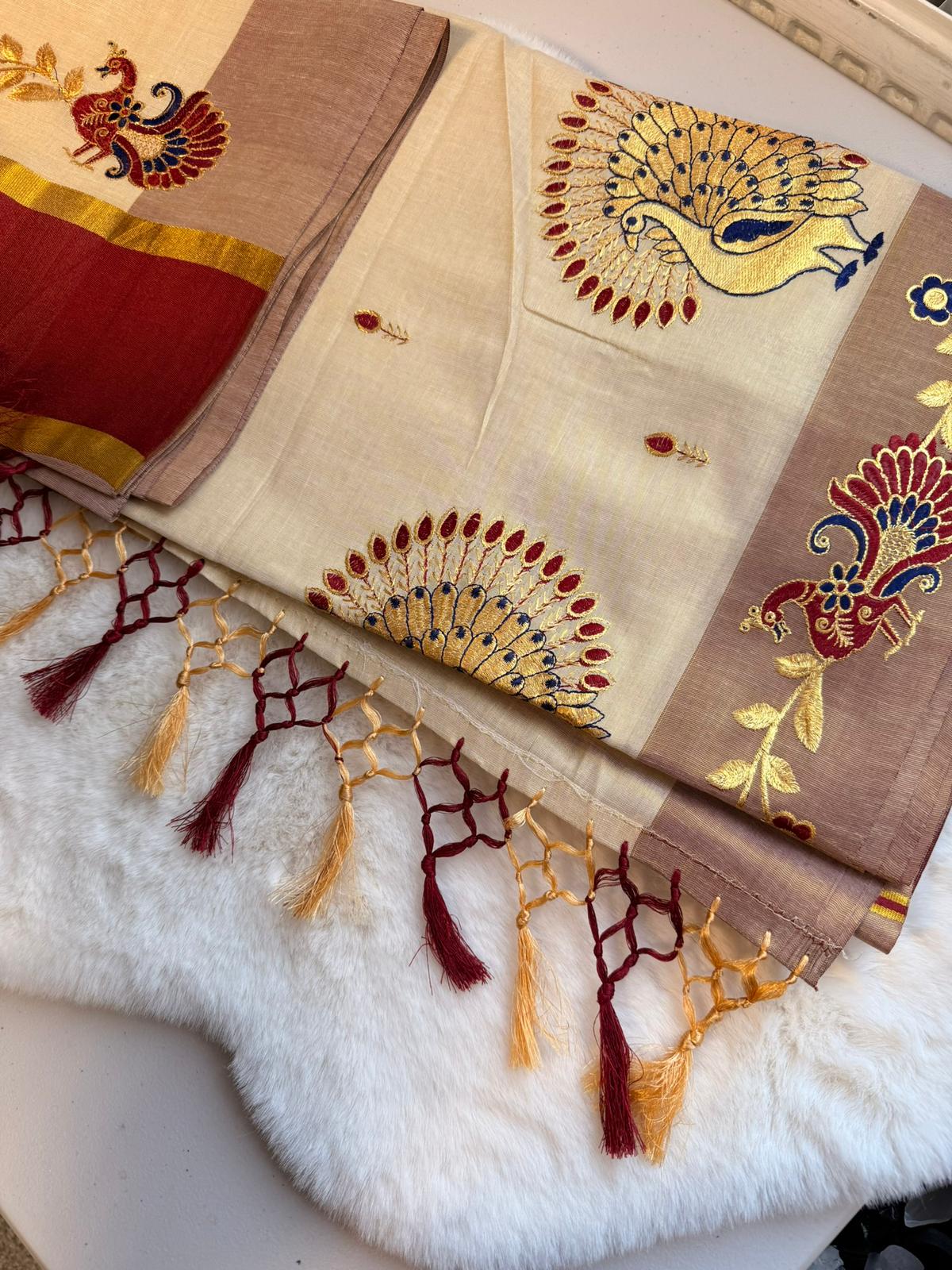 Royal Peacock Embroidered Kerala Saree