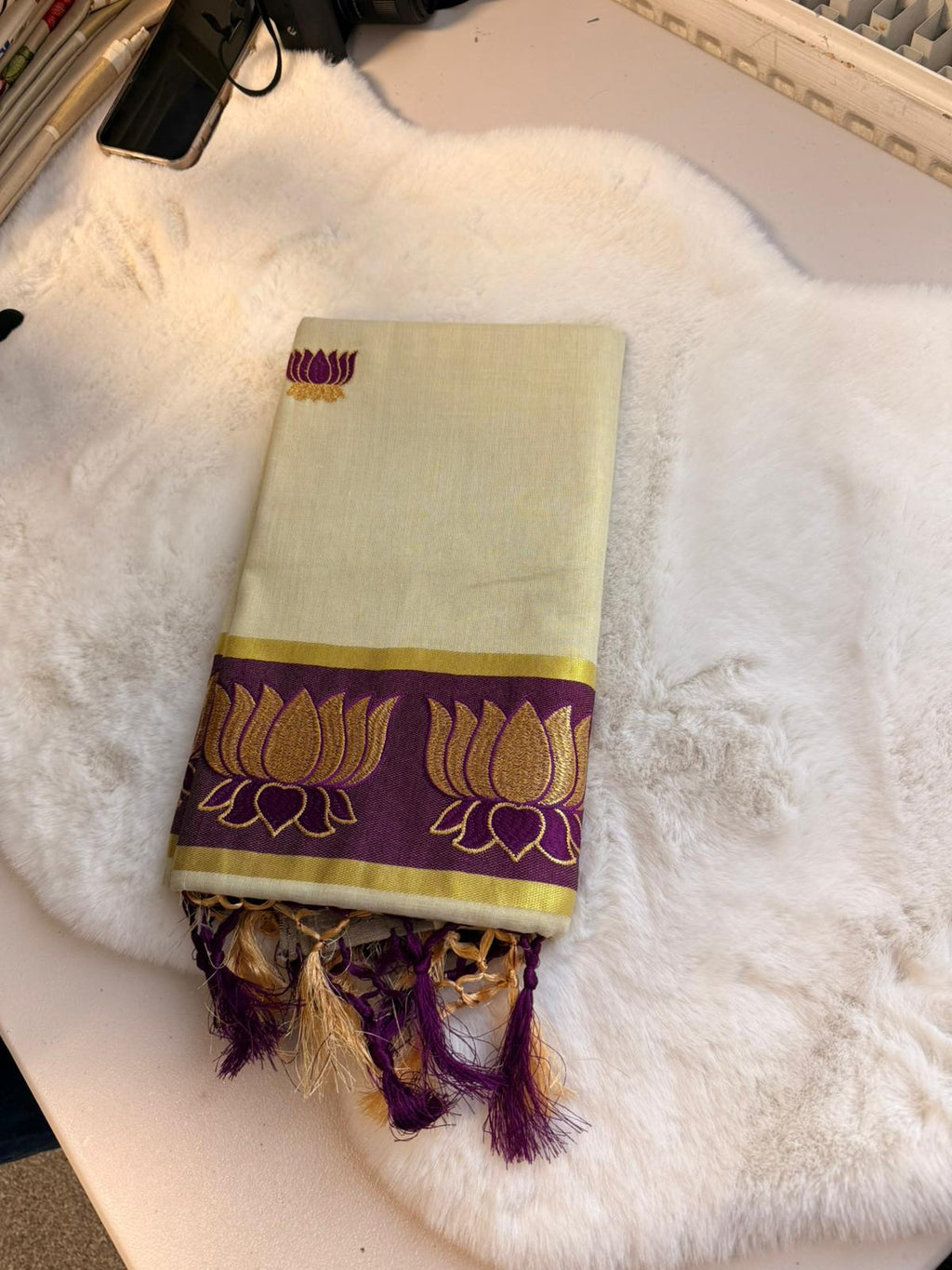 Golden Lotus Kerala Kasavu Saree – Royal Purple Edition