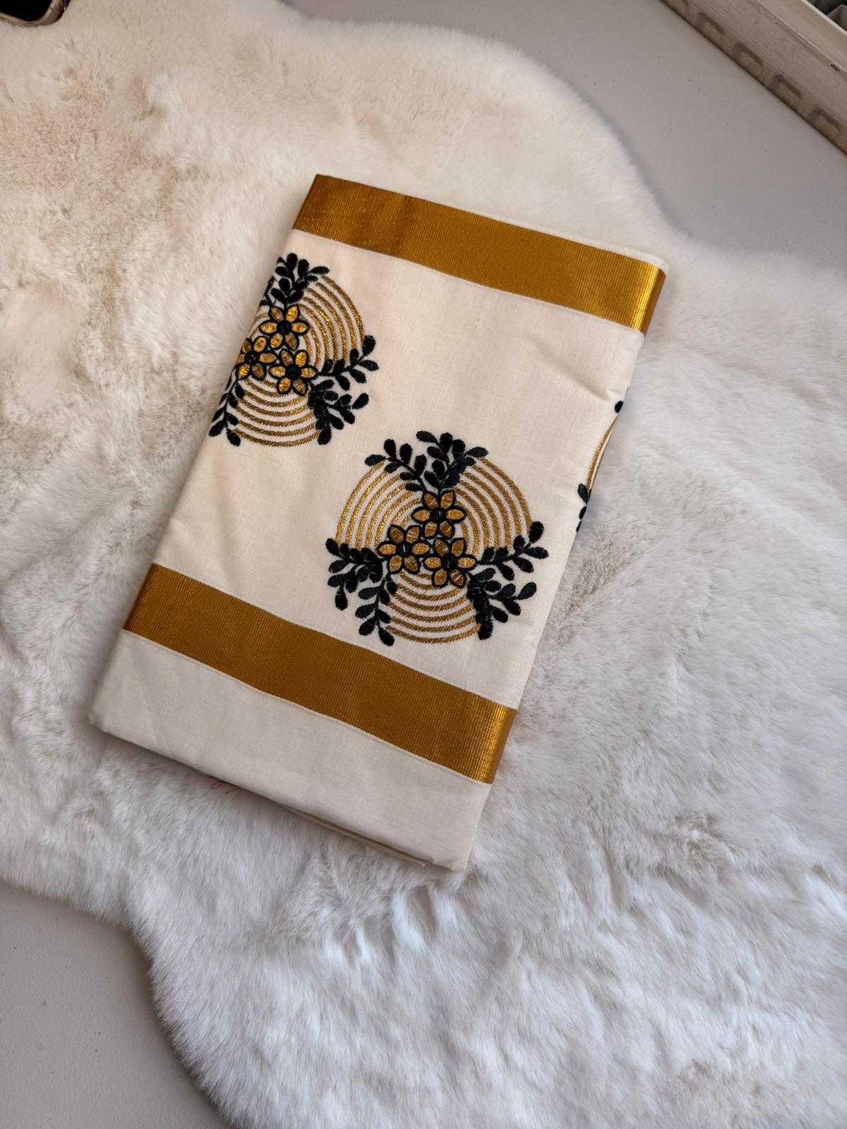 Midnight Bloom Kerala Kasavu Saree