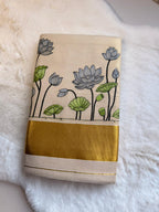 Silver Lotus Garden Kerala Kasavu Saree