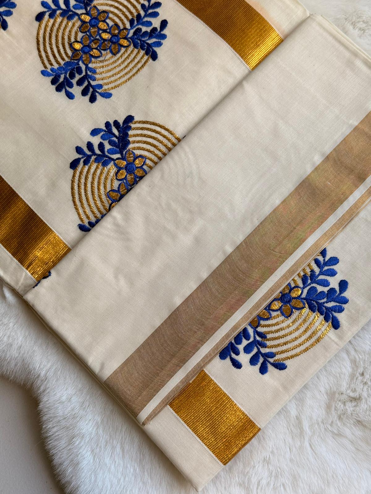 Azure Bloom Kerala Kasavu Saree