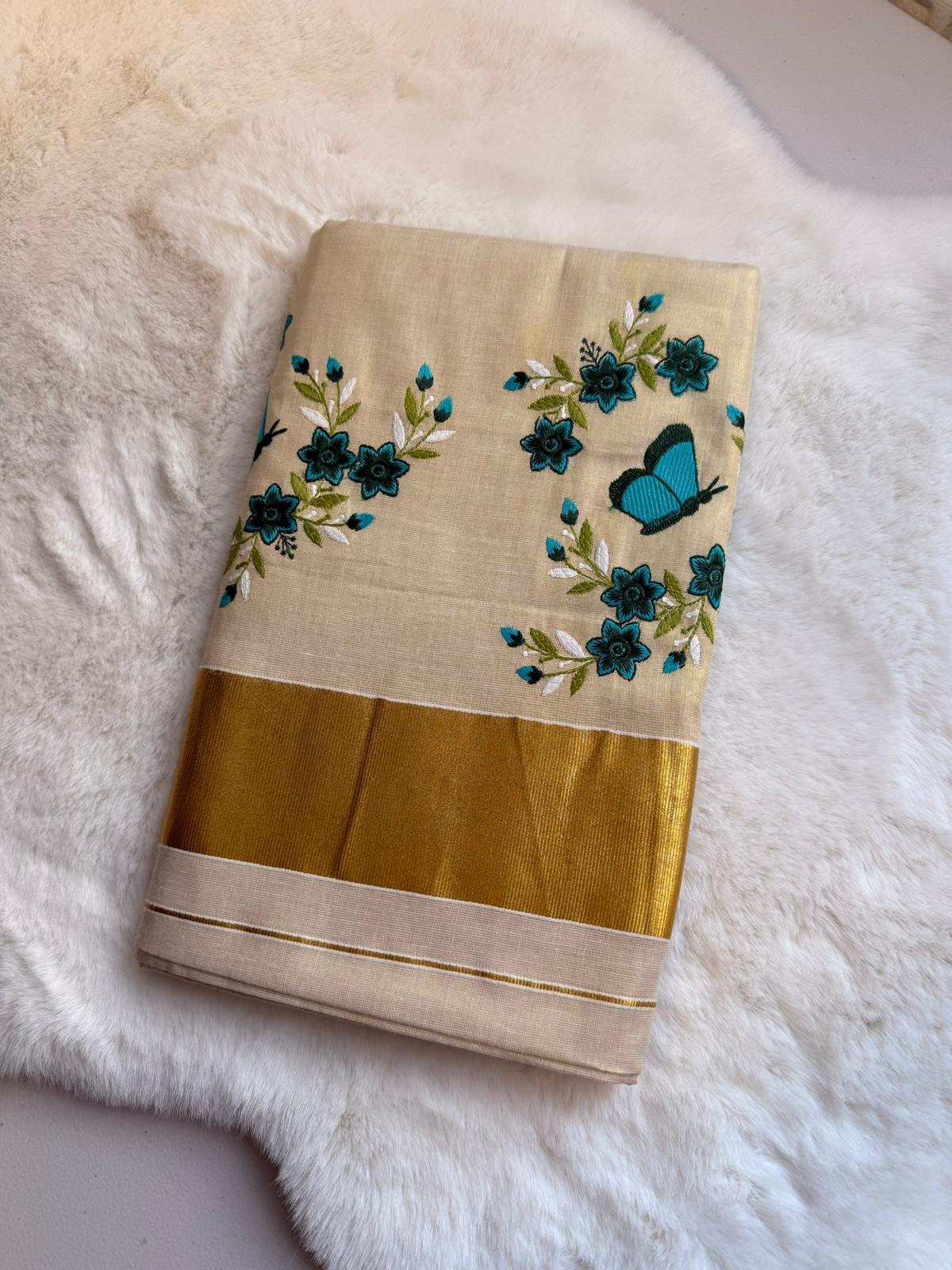Butterfly Bloom Kerala Kasavu Saree