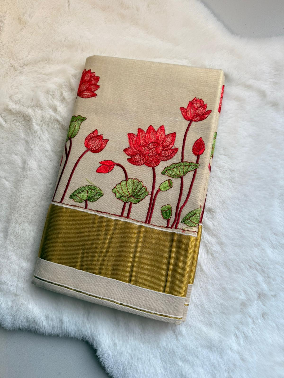 Crimson Lotus Kerala Kasavu Saree