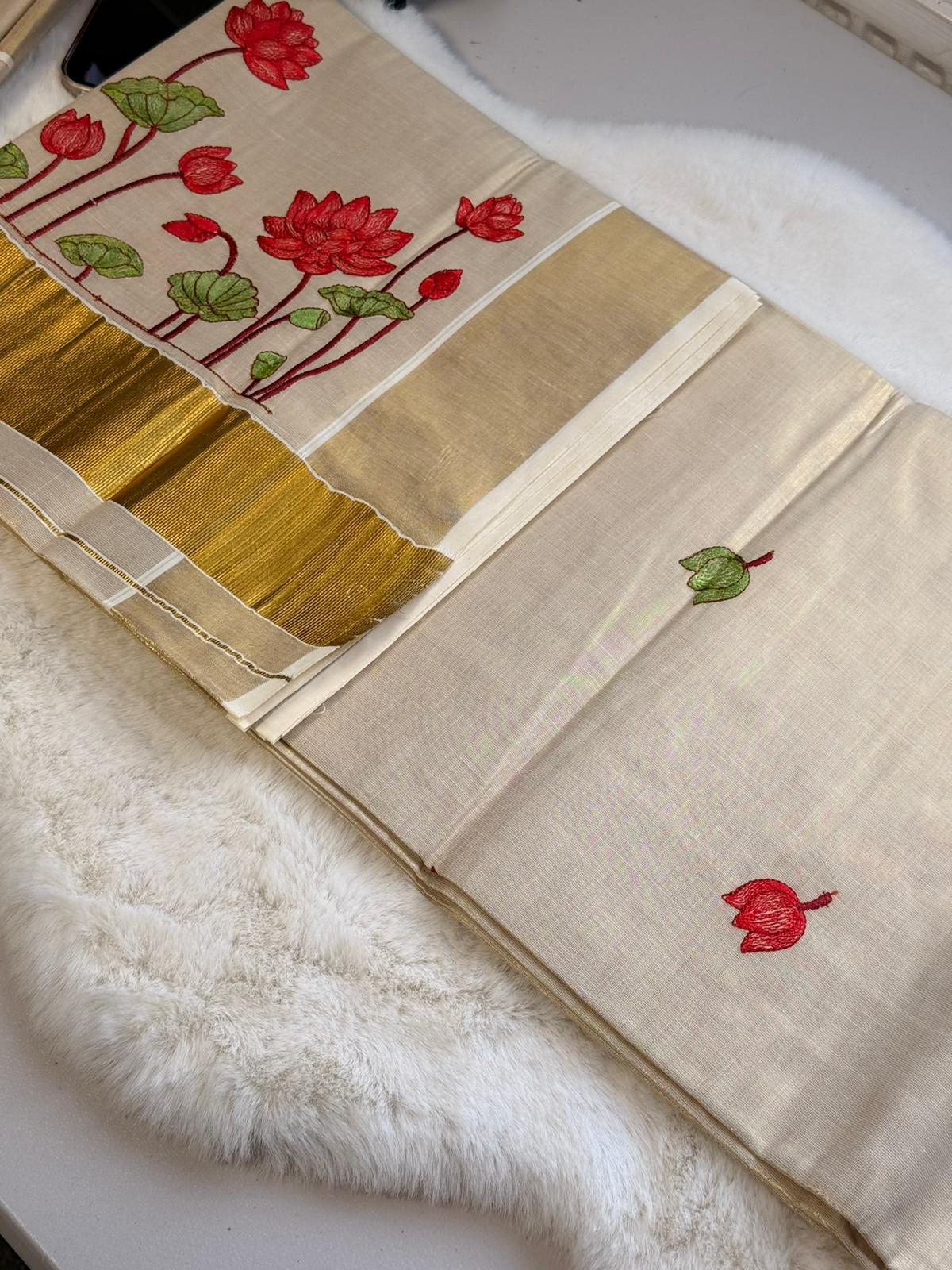 Crimson Lotus Kerala Kasavu Saree