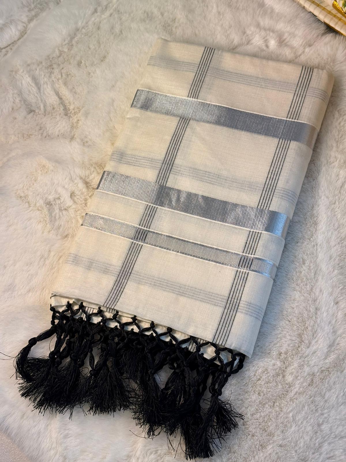Silver Stripe Kerala Kasavu Saree with Black Tassels
