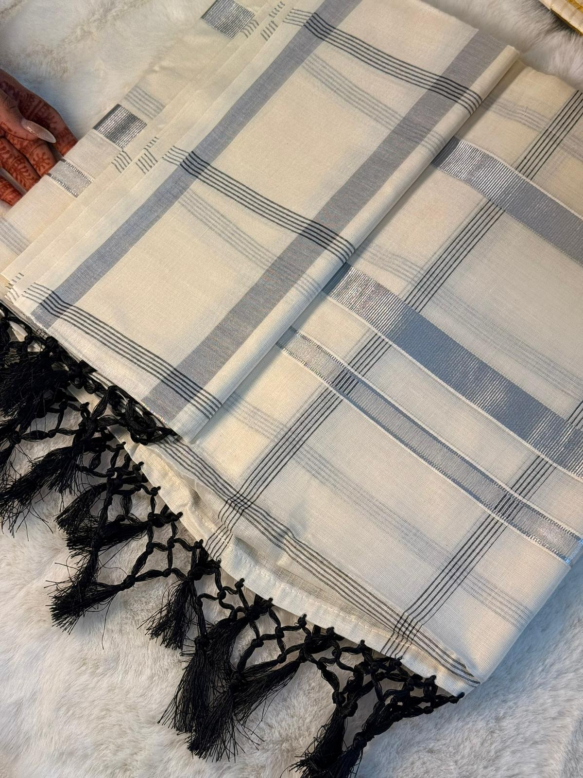 Silver Stripe Kerala Kasavu Saree with Black Tassels