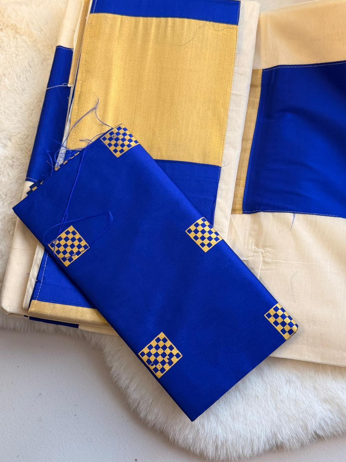 Royal Blue Border Kerala Kasavu Saree with Matching Blouse