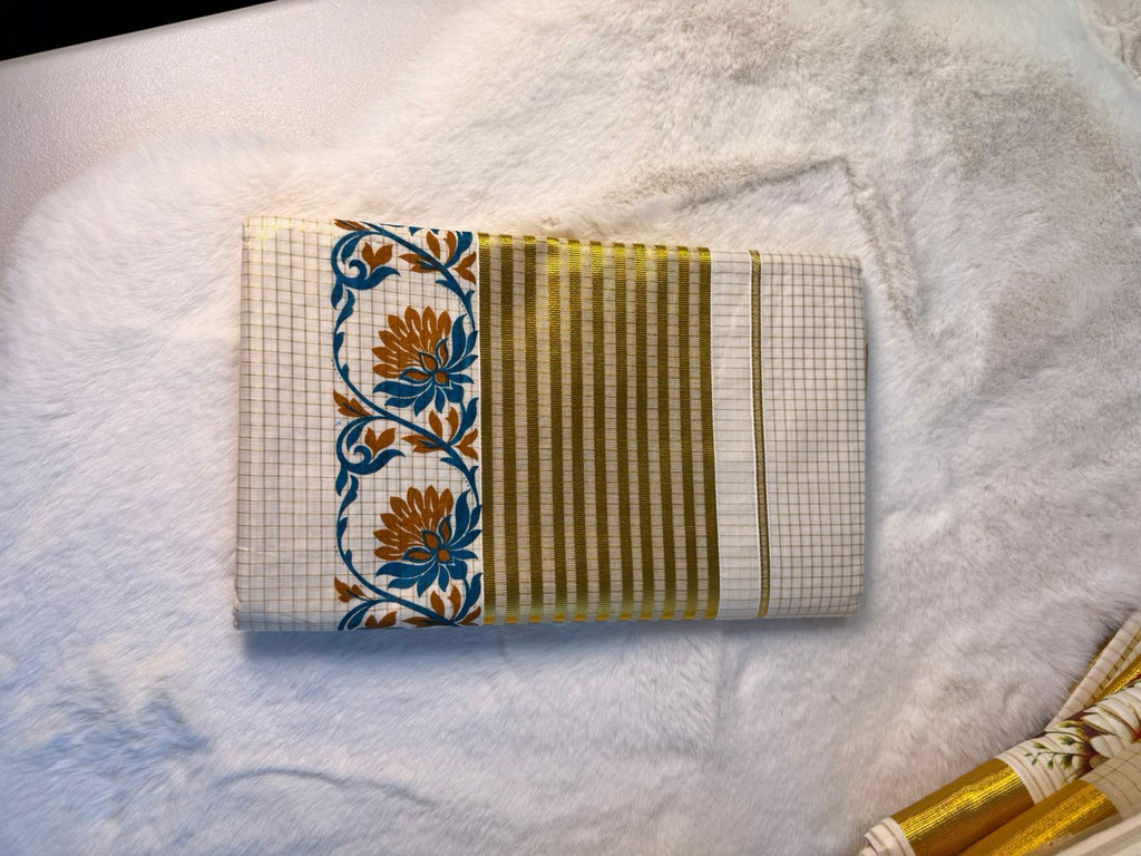 Traditional Kerala Kasavu Saree with Floral Border Design