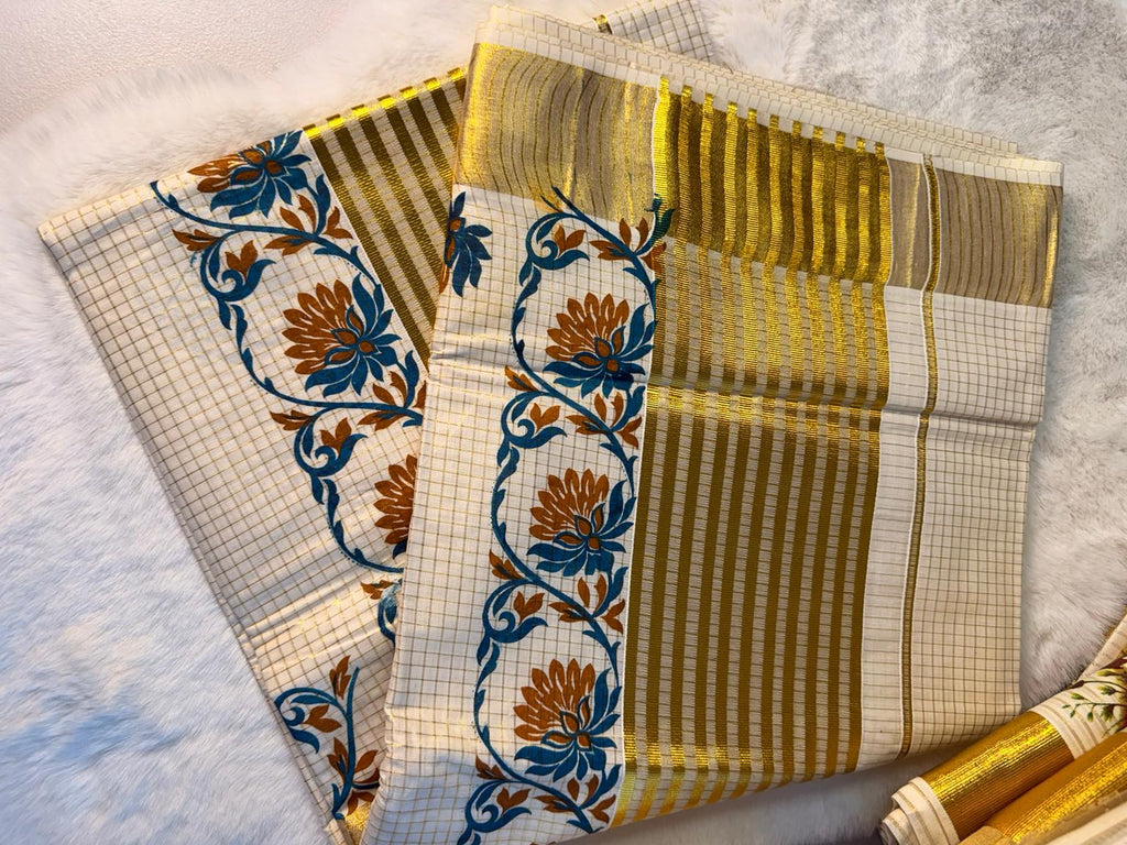 Traditional Kerala Kasavu Saree with Floral Border Design