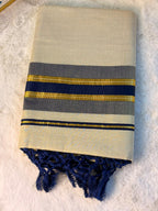 Traditional Kerala Kasavu Saree with Navy & Grey Temple Border