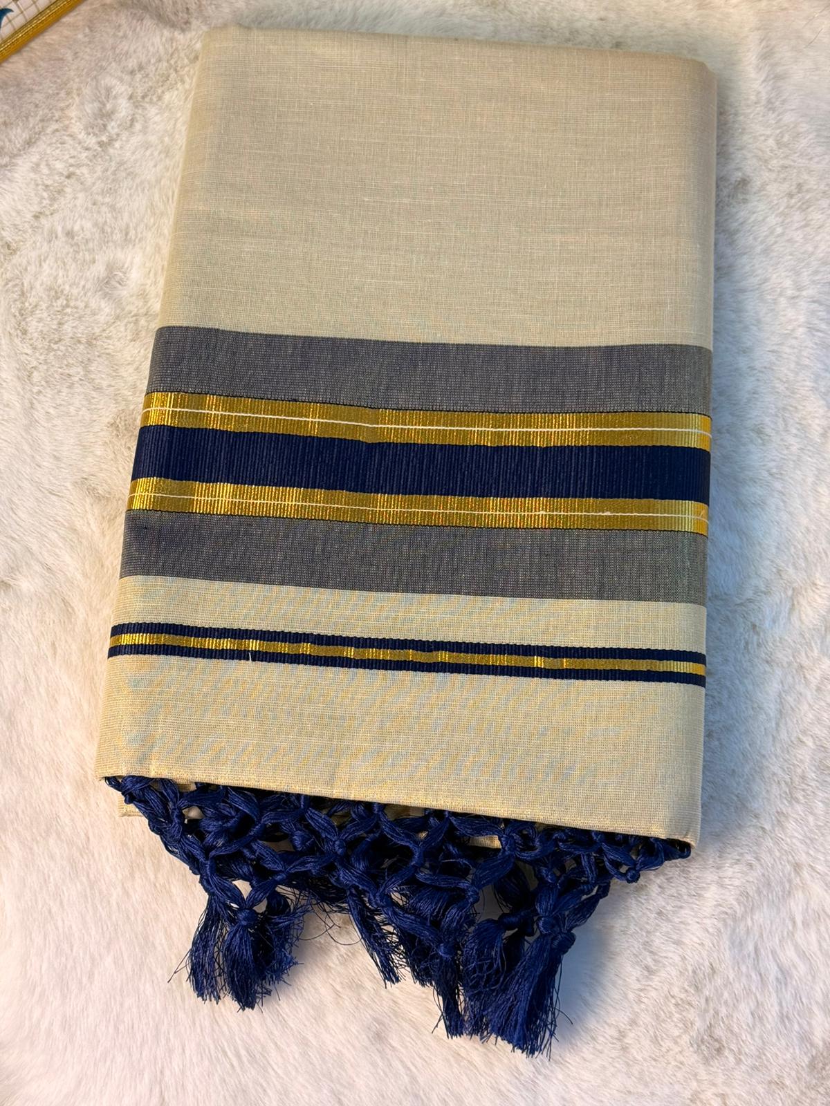 Traditional Kerala Kasavu Saree with Navy & Grey Temple Border