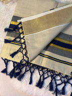 Traditional Kerala Kasavu Saree with Navy & Grey Temple Border