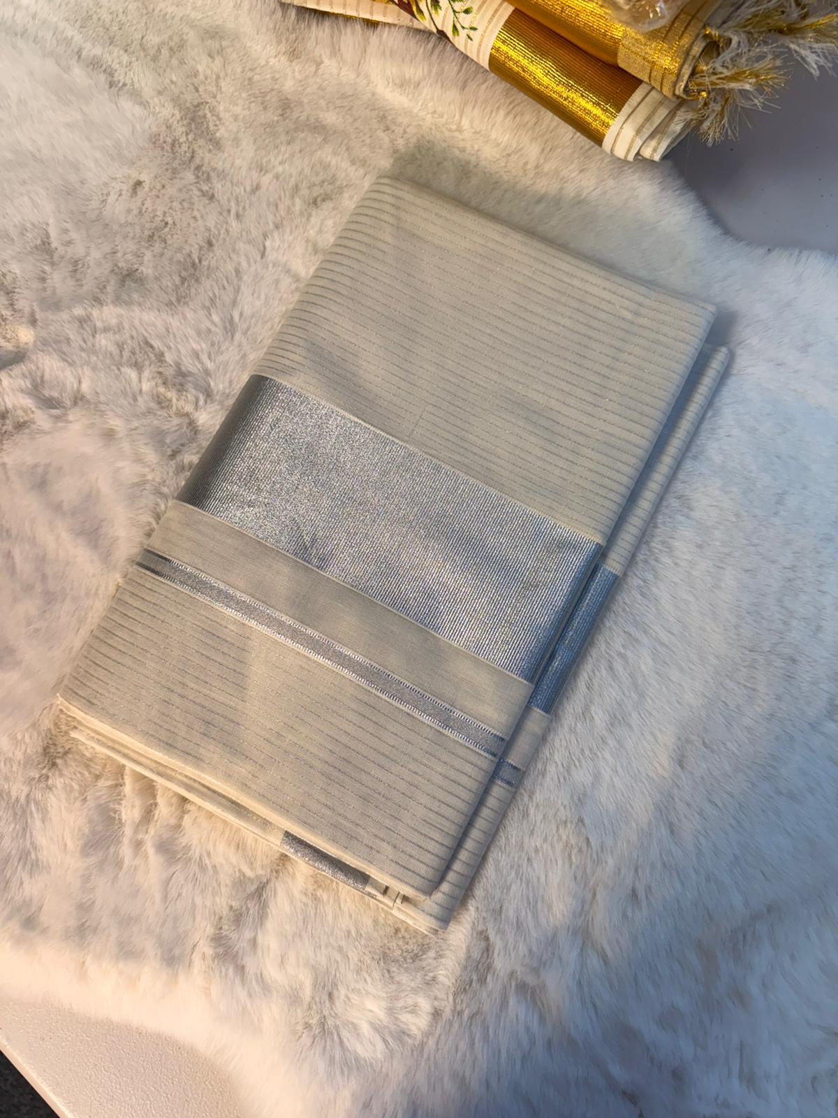 Elegant Silver Kasavu Saree with Minimal Metallic Border