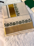 Elegant Kerala Kasavu Saree with Green Ethnic Border