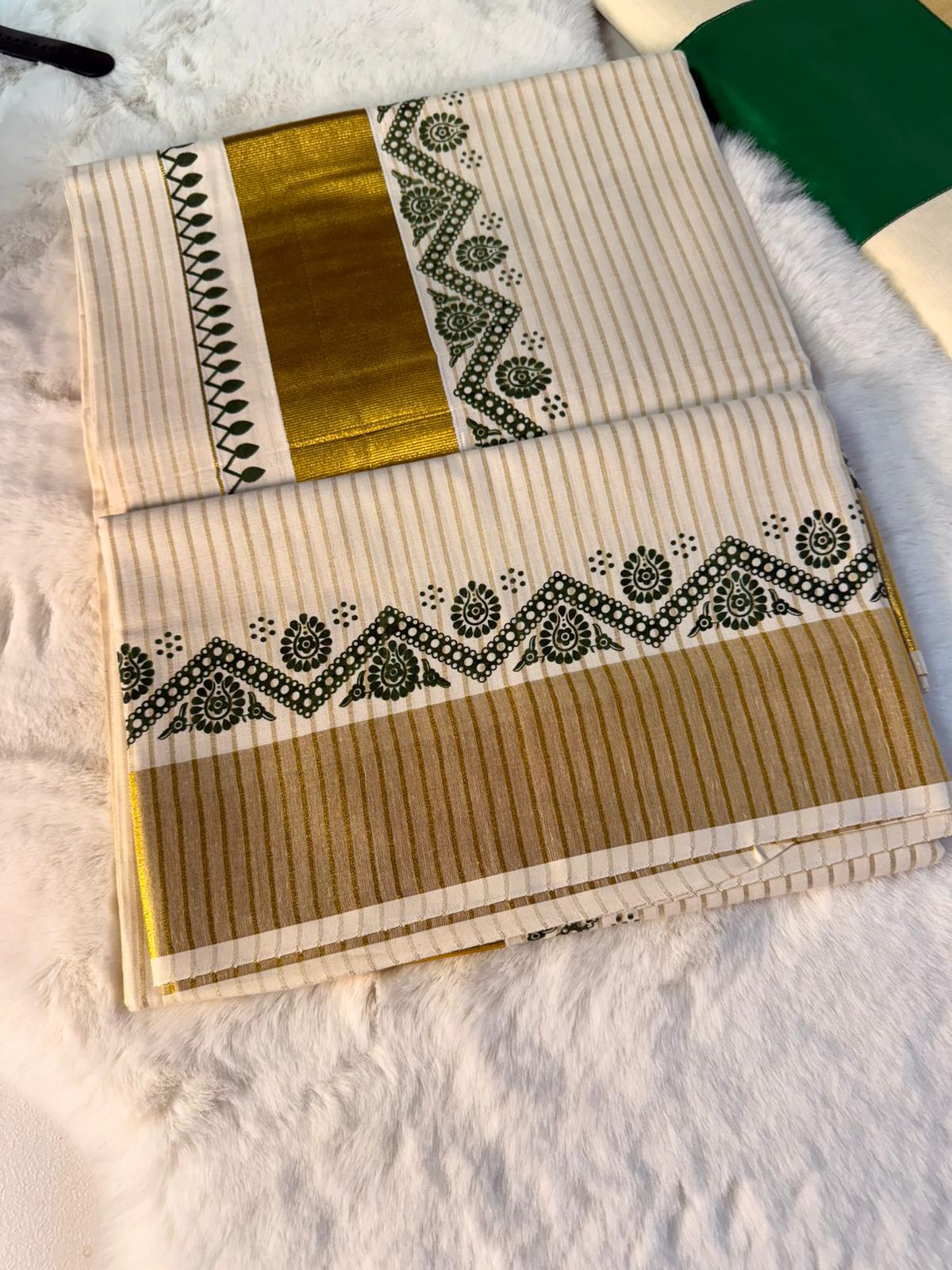 Elegant Kerala Kasavu Saree with Green Ethnic Border