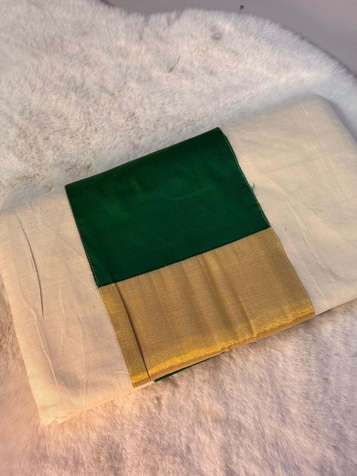 Classic Kerala Kasavu Saree with Emerald Green Blouse